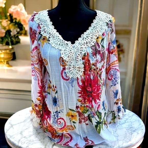 Spense Tops - Spense Floral Tunic Top Embroidered Neck Cream Semi Sheer Long Sleeve